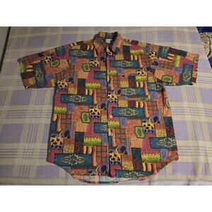 Vtg Territory Ahead Shirt Mens Size Medium Tribal Print Button Up Short Sleeve